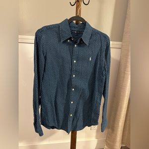 Ralph Lauren diamond print 100% linen long sleeved button down shirt size L.
